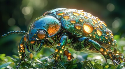 Fototapeta premium Iridescent Beetle on Lush Foliage: A Macro Study of Nature's Jewel