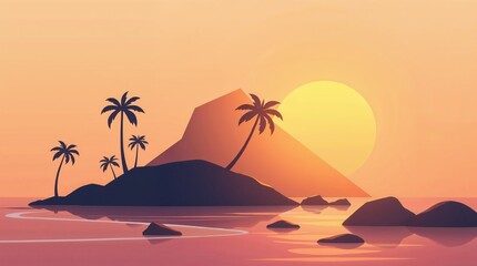 Tropical Sunset Beach Landscape with Palm Trees and Ocean Silhouette Illustration