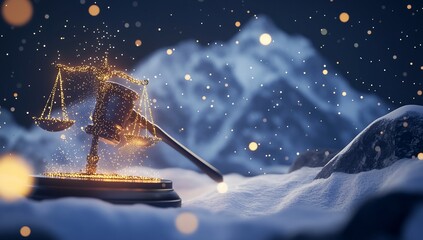 Glowing scales of justice in snowy mountains at night. (1)