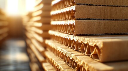 Corrugated cardboard sheets stacked warehouse sunlight