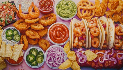 Shrimp tacos with various dips, fried shrimp, onion rings, and tortilla chips.