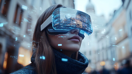 Futuristic Cyber Trading Woman Analyzing Digital Stock Market Trends with Holographic Data and AI-Powered Financial Analytics in a High-Tech Environment