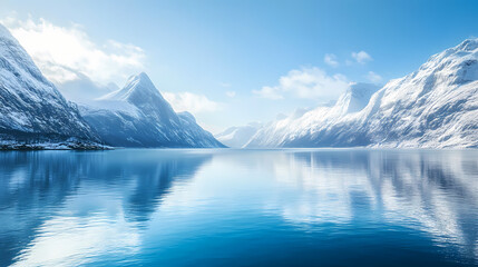 Illustration of majestic snow covered mountains rising from icy blue waters of a serene fjord. Majestic Fjord. Illustration