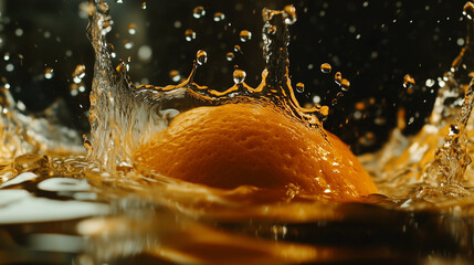 Splashing orange in water with droplets