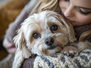 Girl cuddling small dog in cozy, knitted blanket