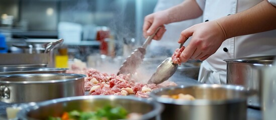 Chef preparing meat in a commercial kitchen.