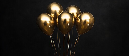 Five gold balloons against a dark background.