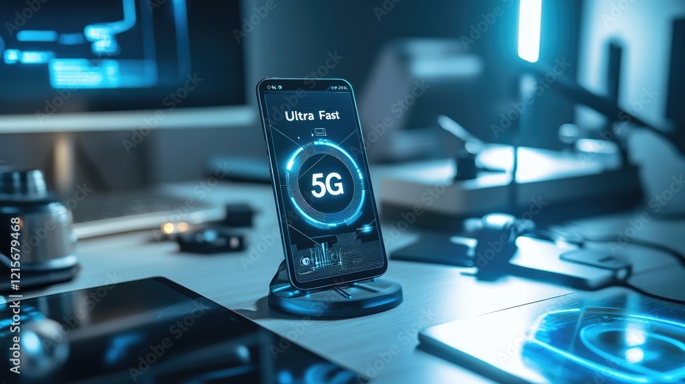 Poster a smartphone with g ultra fast text overlay on a high-tech desk setup.