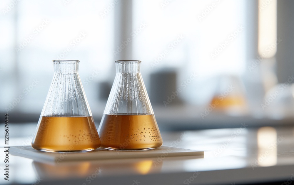 Poster two erlenmeyer flasks with amber liquid sit on a lab bench in a bright laboratory.