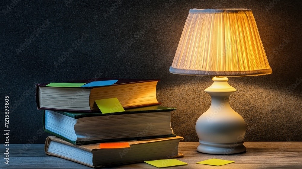 Poster a stack of self-help books with sticky notes and a glowing lamp, symbolizing advice and guidance.