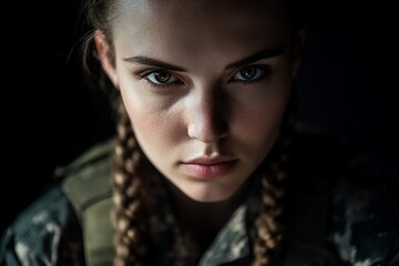 Close-up portrait of a young female soldier with intense gaze.
