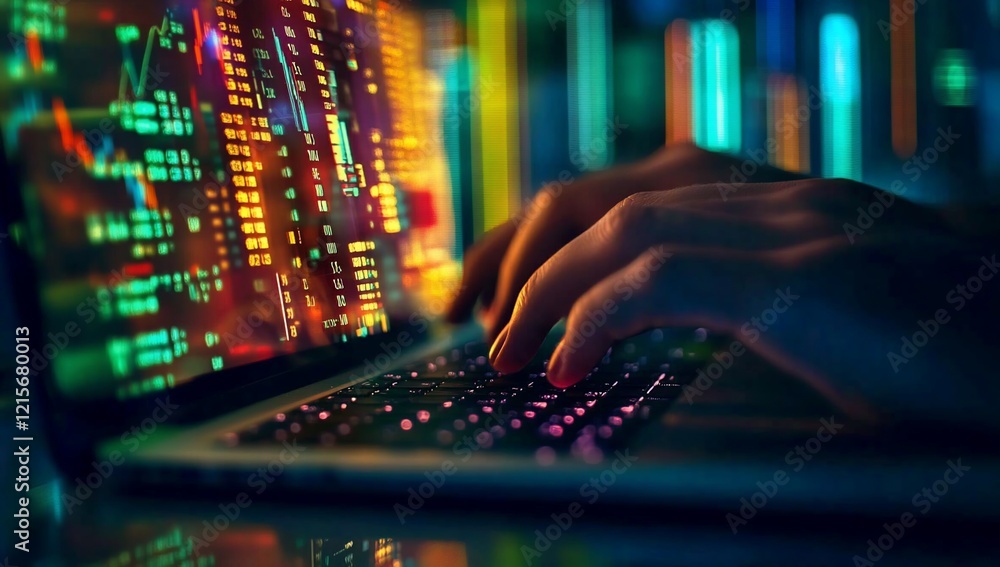 Poster close-up of hands typing on laptop with stock market data displayed on screen.