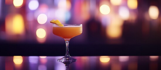 Cocktail in coupe glass on bar, bokeh background.