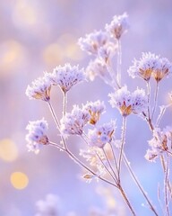 Frost-covered wildflowers in soft light.
