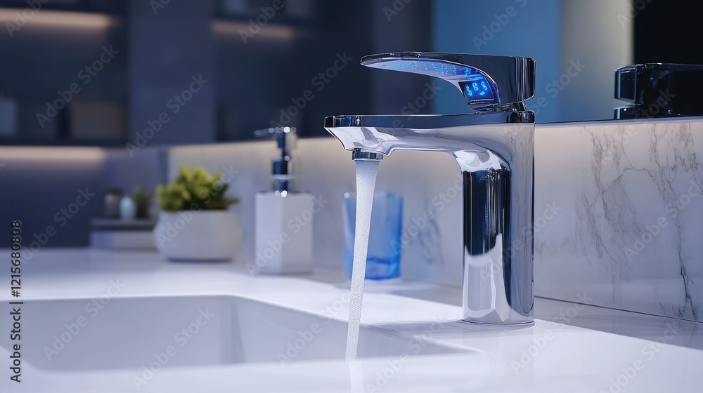 Poster close-up of a smart faucet's control panel displaying water temperature and flow settings.