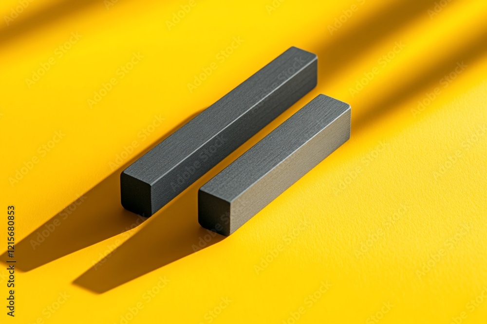 Aufkleber two dark gray rectangular blocks on yellow background with shadows.