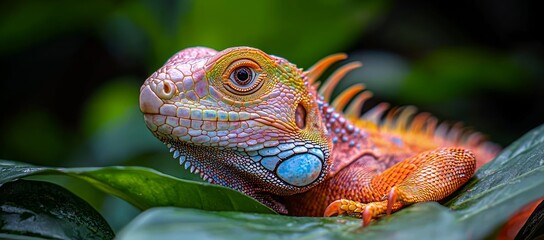 Colorful iguana on leaf, jungle background, wildlife photography, nature