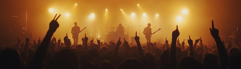 Energetic concert crowd silhouetted against bright stage lights, musicians performing.