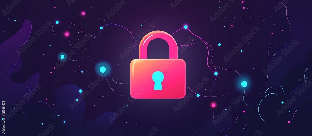 Poster pink padlock on a dark background with neon lights and lines, symbolizing digital security and data 