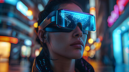 Futuristic Cyber Trading Woman Analyzing Digital Stock Market Trends with Holographic Data and AI-Powered Financial Analytics in a High-Tech Environment