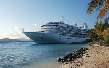 Luxury cruise ship docked at a tropical island beach.