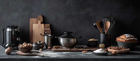 Kitchen still life with cookware, baking ingredients, and wooden utensils on a dark countertop.