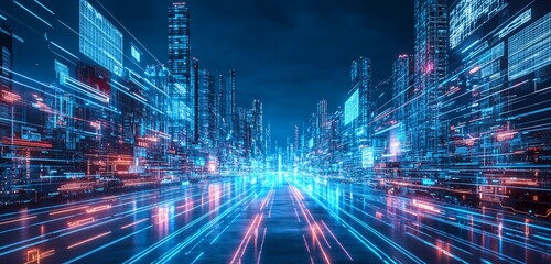 Obraz premium Futuristic city street with glowing digital data streams and skyscrapers.
