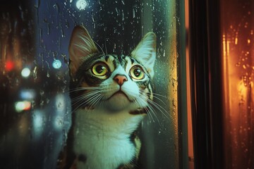 Curious cat gazing out rain-streaked window at night city lights.