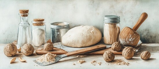 Fototapeta premium Still life of baking ingredients dough, walnuts, flour, rolling pin, and jars.