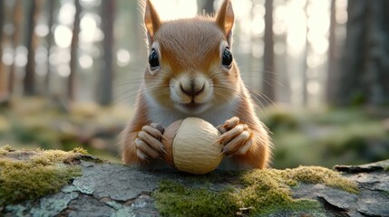 Obraz premium Cute squirrel holding acorn, forest background, wildlife, nature