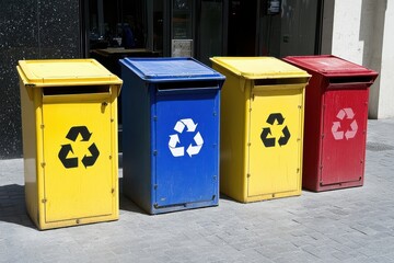 Colorful Recycling Bins in Urban Setting for Environmental Sustainability and Waste Management Initiatives with Clear Recycling Symbols and Organized Design
