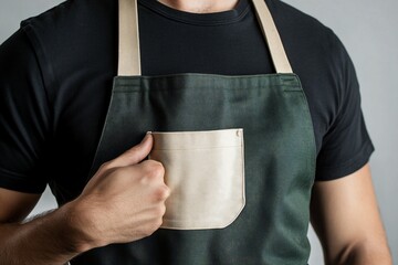 Man wearing a green apron with a beige pocket.