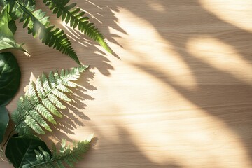 Sunlight illuminates green ferns and leaves arranged on a light wood surface, leaving ample copy space.