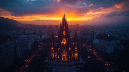 Obraz premium Sunset cityscape church aerial view, twilight glow