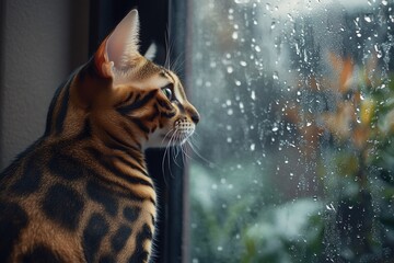 Bengal cat gazing out rain-streaked window. (1)