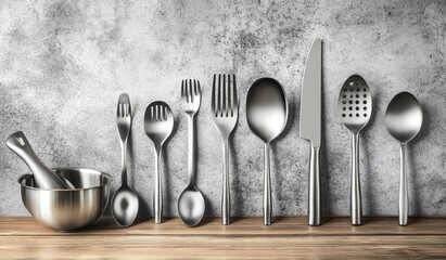 Elegant Stainless Steel Kitchen Utensil Set on Wood