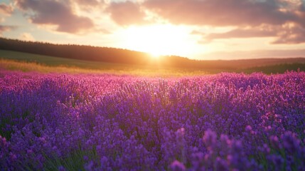 Fototapeta premium Sunset Lavender Field Landscape, Hilly Background
