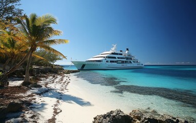 Fototapeta premium Luxurious yacht anchored near a pristine tropical beach with crystal-clear turquoise water and palm trees.