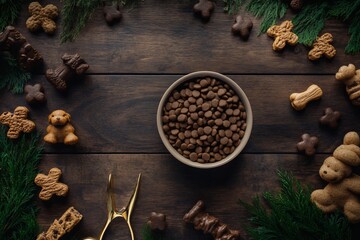 Dog food in bowl surrounded by treats and pine sprigs on wood.