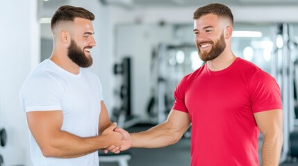Obraz premium Two Fit Men Smiling and Shaking Hands in Modern Gym Environment