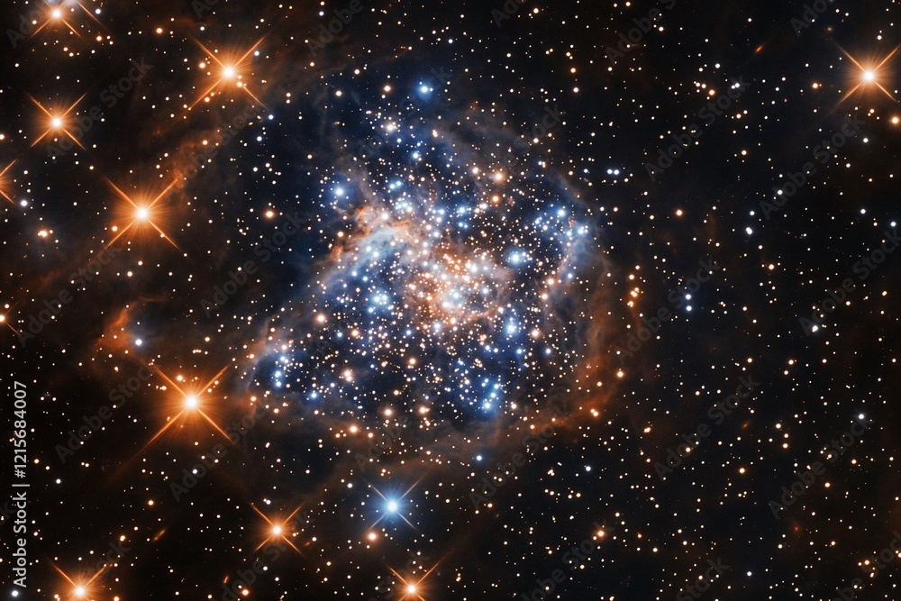 Wall mural a vibrant star cluster with blue and orange hues, surrounded by a dark, starry expanse.