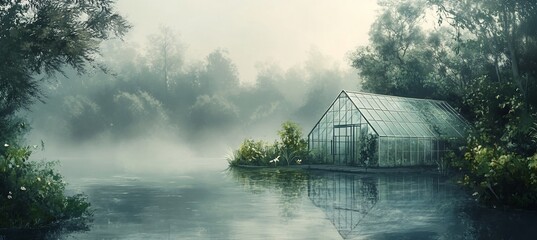 Misty morning scene with a glass greenhouse on a tranquil lake surrounded by lush greenery and fog.