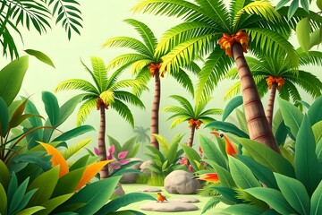 Fototapeta premium A colorful and simple flat illustration of a tropical paradise, designed for children.