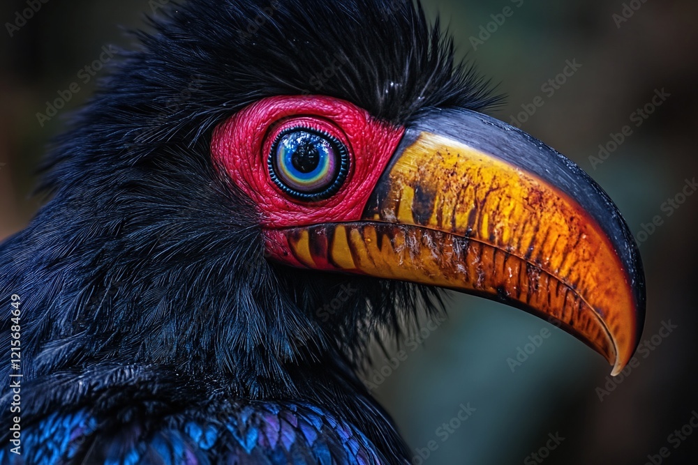 Poster close-up portrait of a colorful bird with a large beak.