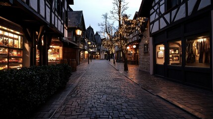 Fototapeta premium A charming cobblestone street lined with illuminated shops and trees, creating a cozy atmosphere at twilight.