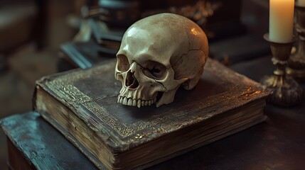 Human Skull Resting on Antique Book