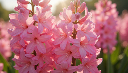 Pink hyacinth flowers blooming with morning dew, spring beauty, Hyacinth Flowers, Nowruz