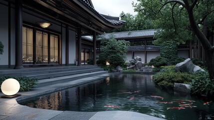 A serene Japanese garden with a tranquil pond, surrounded by lush greenery and traditional architecture, creating a peaceful atmosphere.