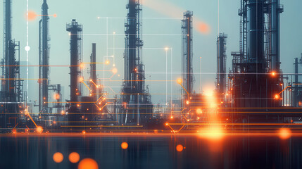 A digital illustration of an industrial plant with glowing data points and orange highlights, set against the backdrop of towering gas tanks