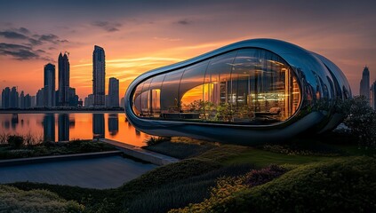 Futuristic capsule home at sunset, reflecting city skyline.